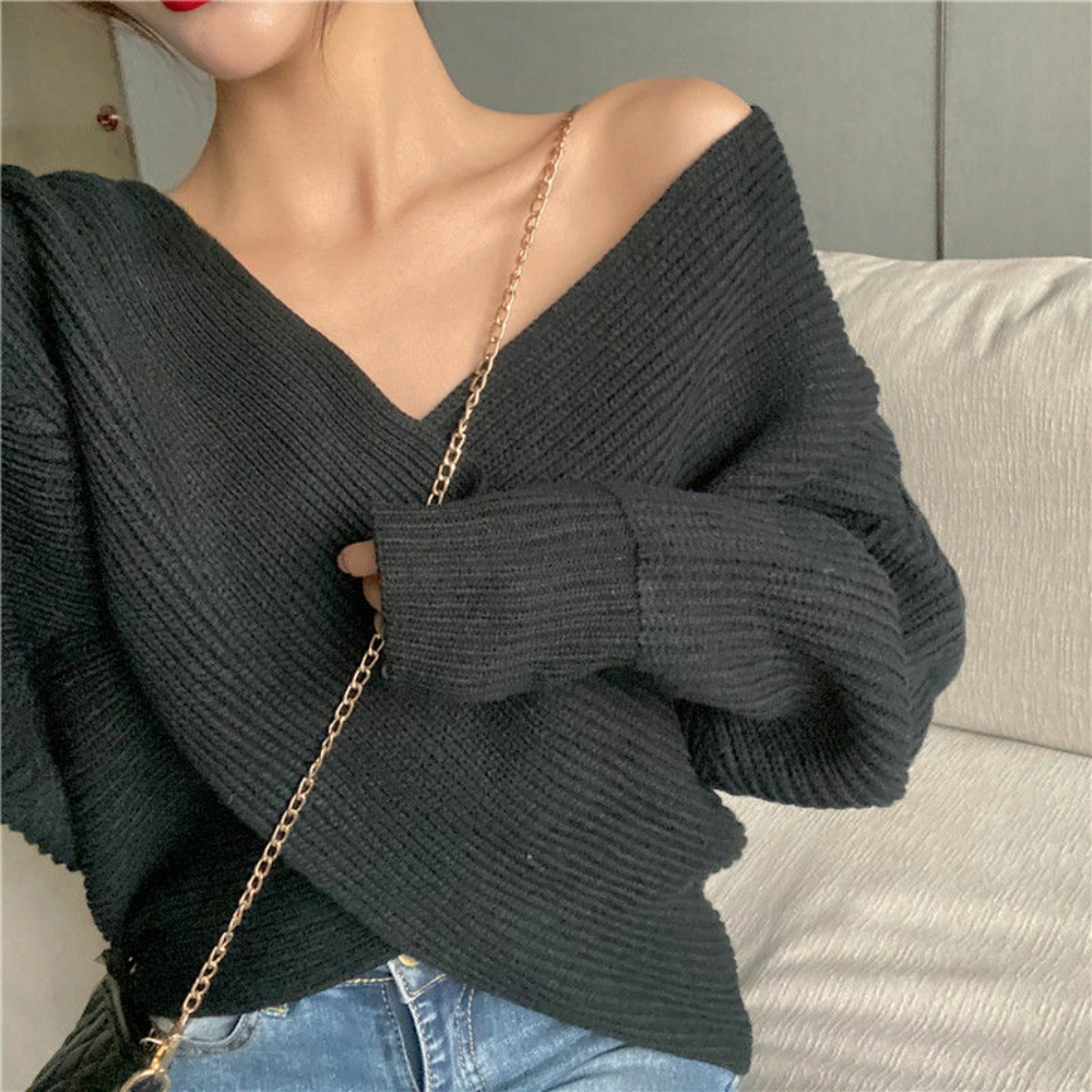 Cross Wrap Ribbed Crop Sweater - Picture 2 of 4